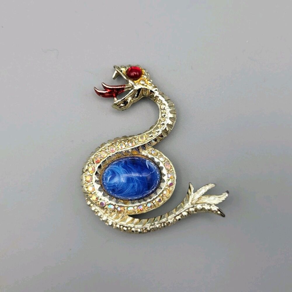 Cabochon Aurora Borealis Vintage 2.5 " Rhinestone Snake Serpent Pin Brooch